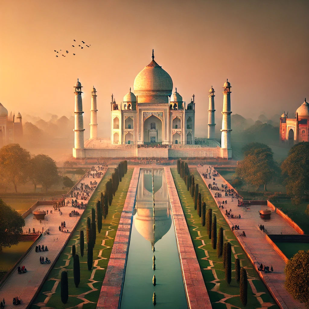 Le Taj Mahal au lever du soleil.