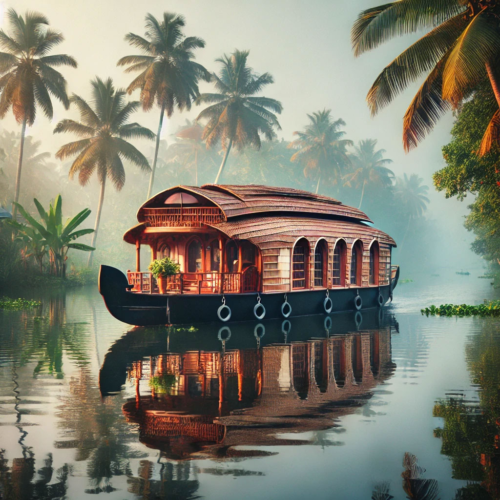 Un houseboat traditionnel au Kerala flottant sur les backwaters.