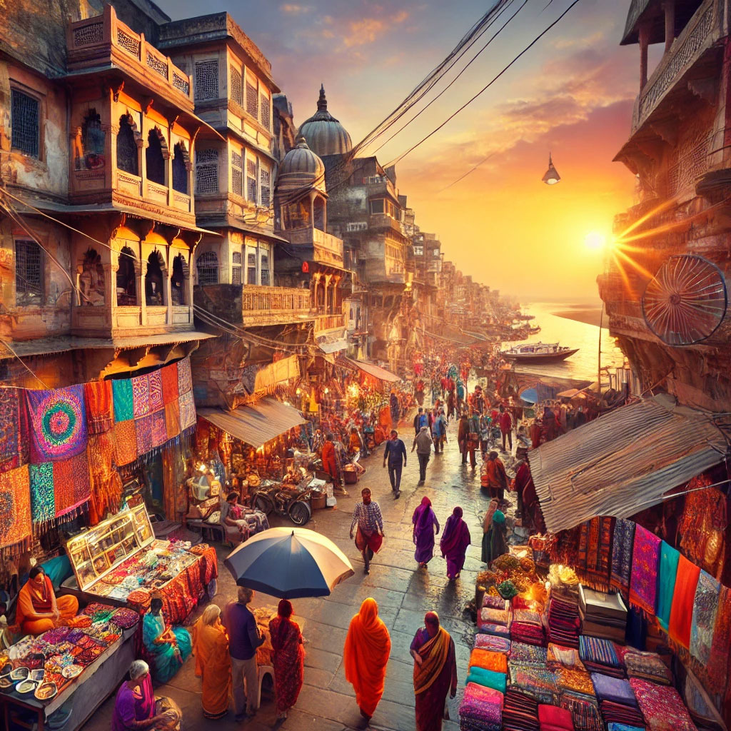 Une rue animée de Varanasi près du Gange au coucher du soleil.